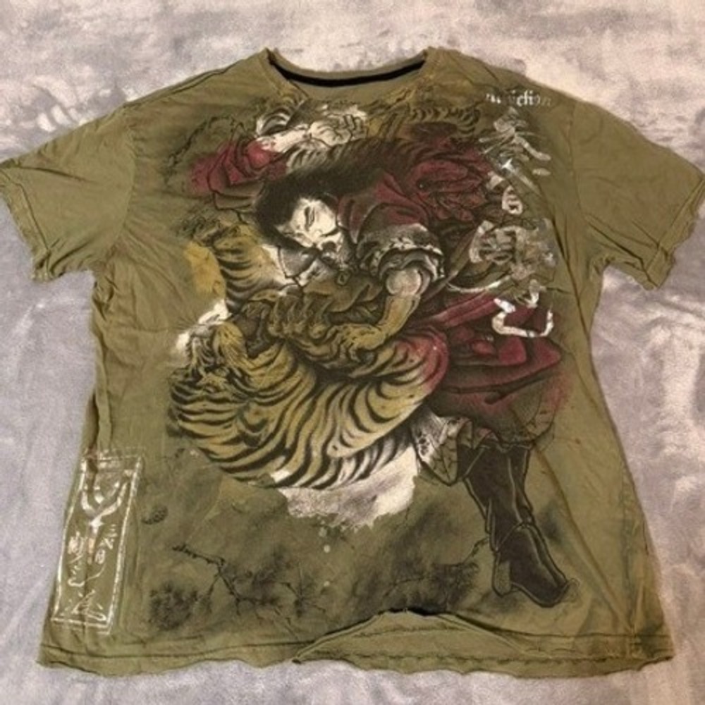 Affliction Horiyoshi III T-Shirt Mens 2XL Olive Samurai Tiger Heroes & Demons